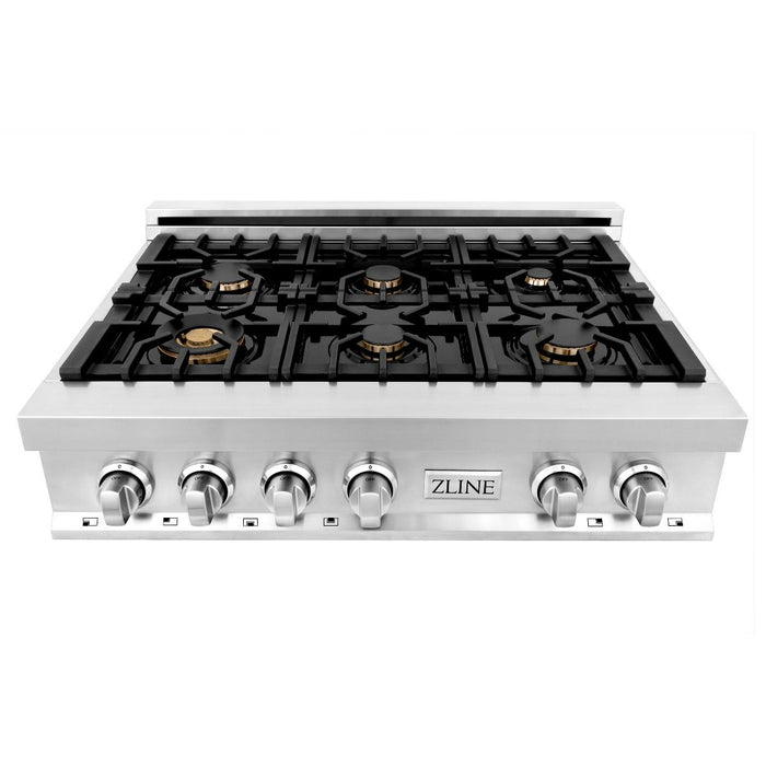 ZLINE 36" Porcelain Rangetop With 6 Gas Brass Burners, RT-BR-36