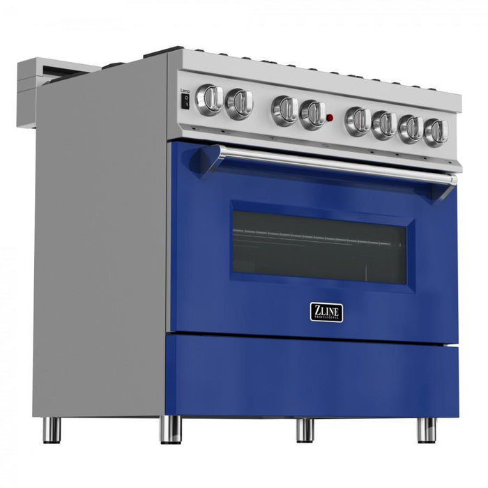 ZLINE 36" Professional Dual Fuel Range in Snow Stainless, Blue Gloss Door, RAS-BG-36