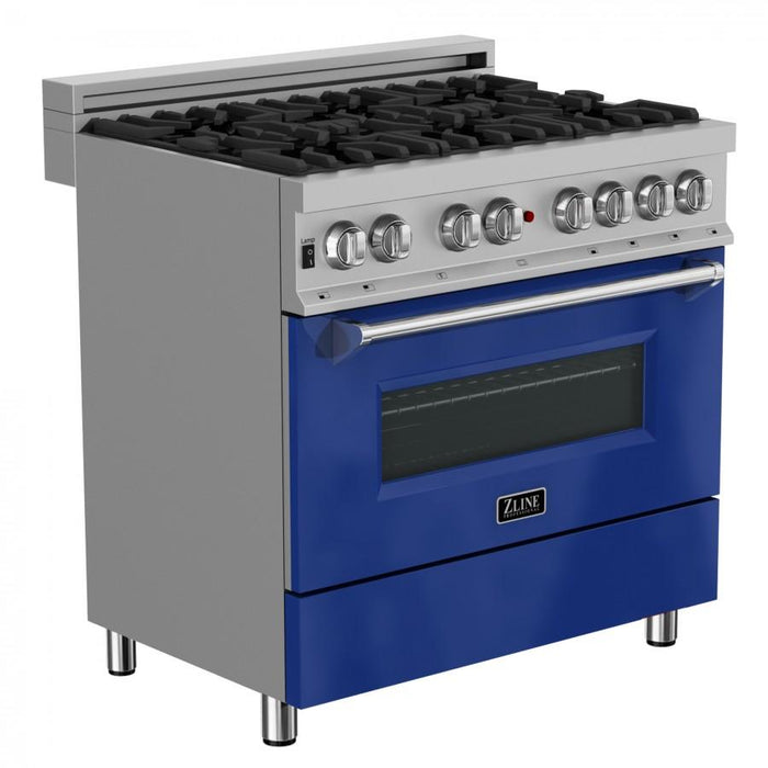 ZLINE 36" Professional Dual Fuel Range in Snow Stainless, Blue Gloss Door, RAS-BG-36