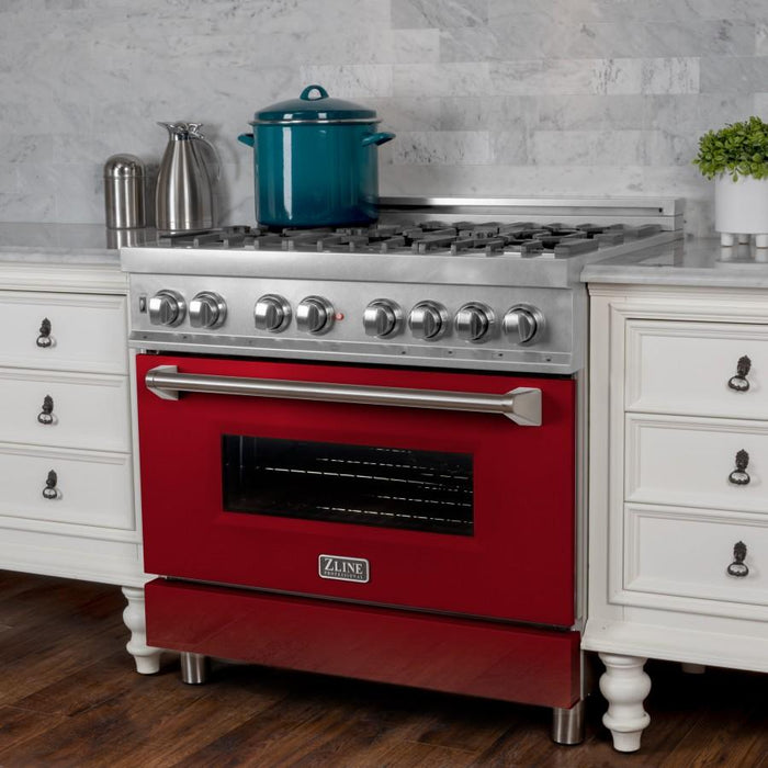 ZLINE 36" Professional Dual Fuel Range in Snow Stainless with Red Gloss Door, RAS-RG-36