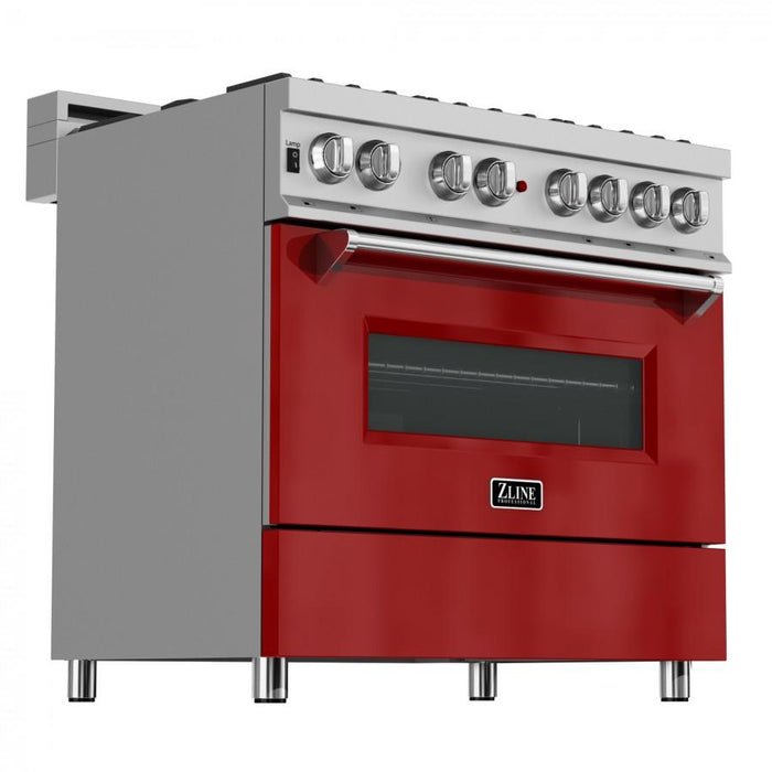 ZLINE 36" Professional Dual Fuel Range in Snow Stainless with Red Gloss Door, RAS-RG-36