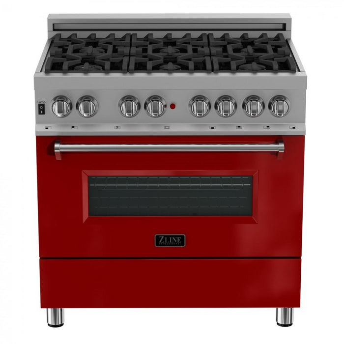 ZLINE 36" Professional Dual Fuel Range in Snow Stainless with Red Gloss Door, RAS-RG-36