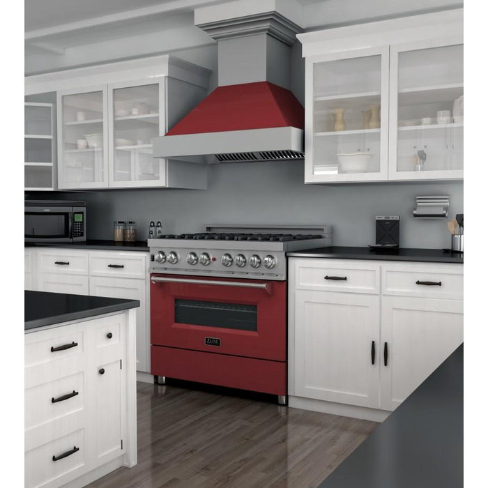 ZLINE 36" Professional Dual Fuel Range in Snow Stainless with Red Gloss Door, RAS-RG-36