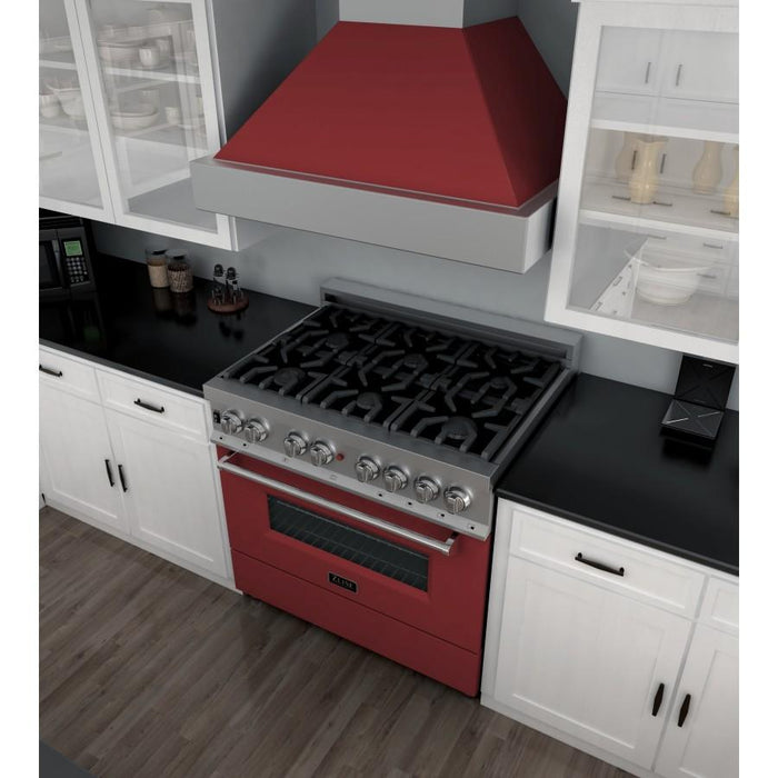 ZLINE 36" Professional Dual Fuel Range in Snow Stainless with Red Gloss Door, RAS-RG-36