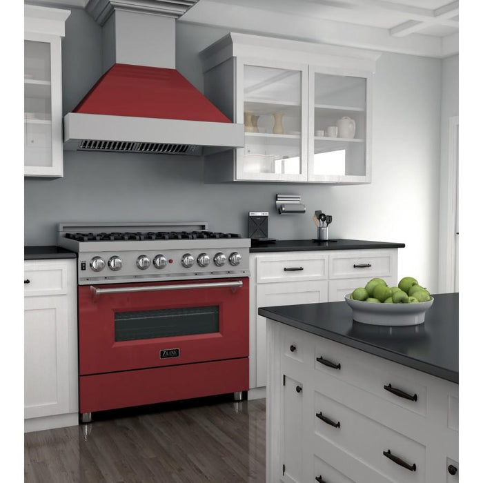 ZLINE 36" Professional Dual Fuel Range in Snow Stainless with Red Gloss Door, RAS-RG-36