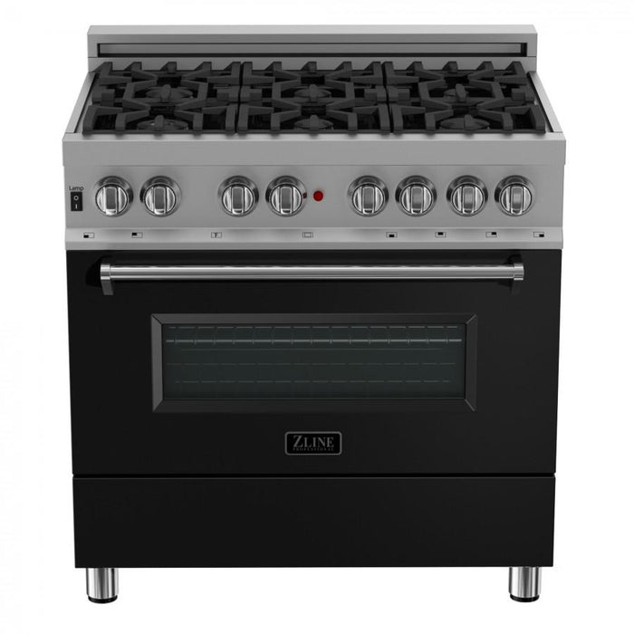ZLINE 36" Professional Dual Fuel Range, Snow Stainless, Black Matte Door, RAS-BLM-36