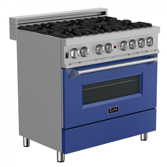 ZLINE 36" Professional Dual Fuel Range, Snow Stainless, Blue Matte Door, RAS-BM-36