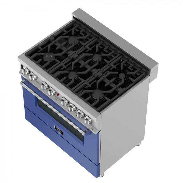 ZLINE 36" Professional Dual Fuel Range, Snow Stainless, Blue Matte Door, RAS-BM-36