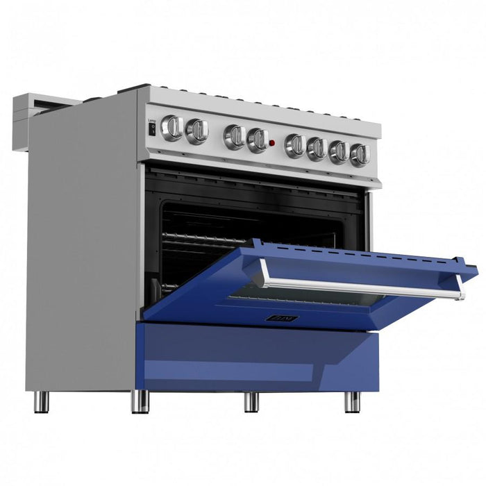 ZLINE 36" Professional Dual Fuel Range, Snow Stainless, Blue Matte Door, RAS-BM-36