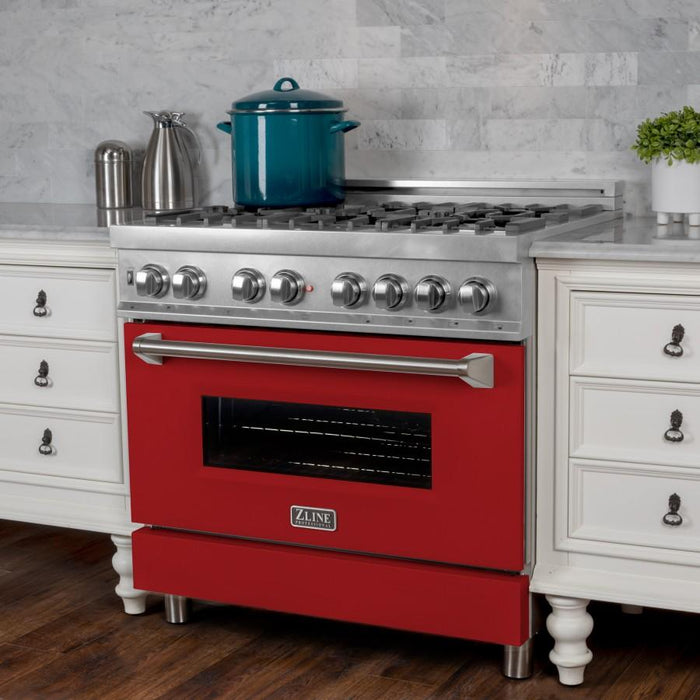 ZLINE 36" Professional Dual Fuel Range, Snow Stainless, Red Matte Door, RAS-RM-36