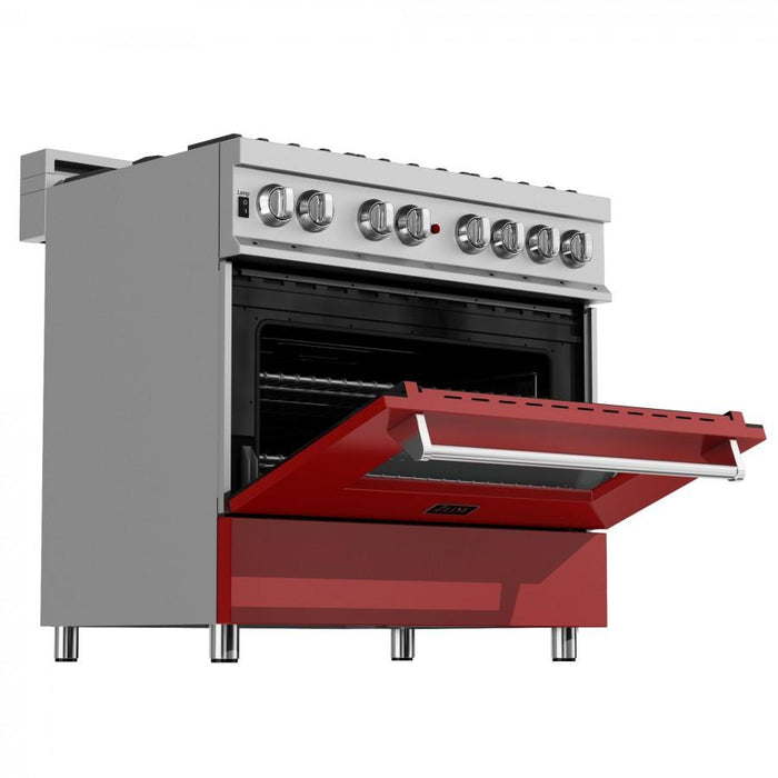 ZLINE 36" Professional Dual Fuel Range, Snow Stainless, Red Matte Door, RAS-RM-36