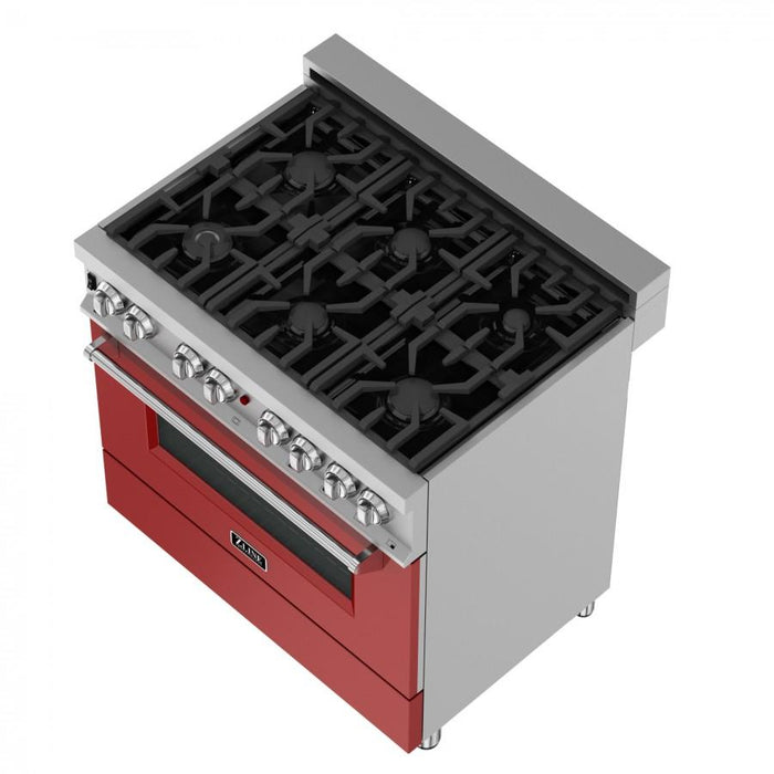 ZLINE 36" Professional Dual Fuel Range, Snow Stainless, Red Matte Door, RAS-RM-36