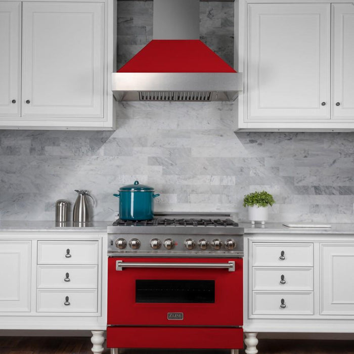 ZLINE 36" Professional Dual Fuel Range, Snow Stainless, Red Matte Door, RAS-RM-36