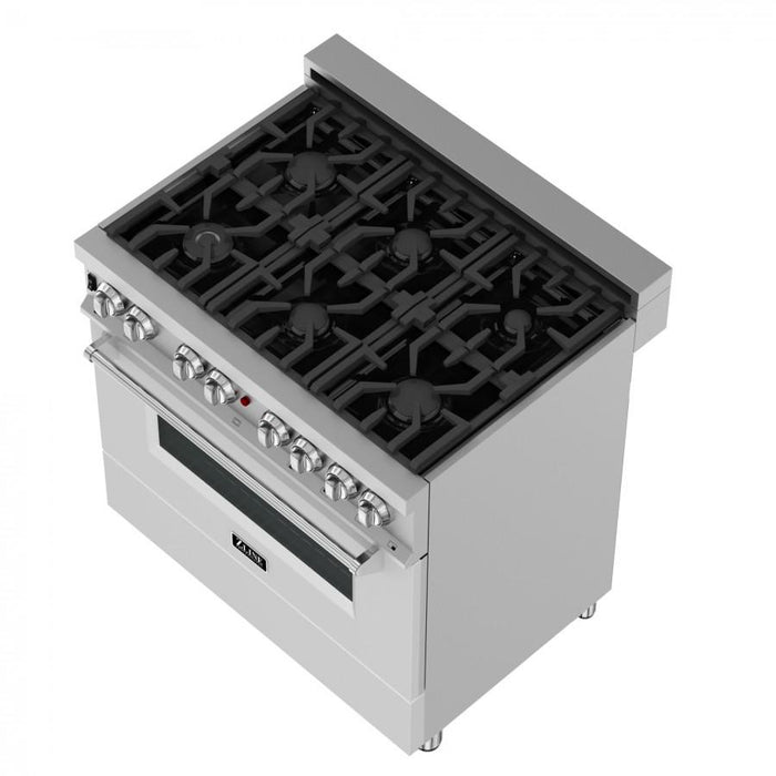 ZLINE 36" Professional Dual Fuel Range, Snow Stainless, White Matte Door, RAS-WM-36