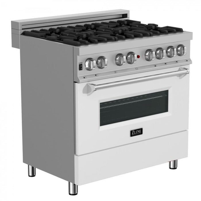 ZLINE 36" Professional Dual Fuel Range, Snow Stainless, White Matte Door, RAS-WM-36