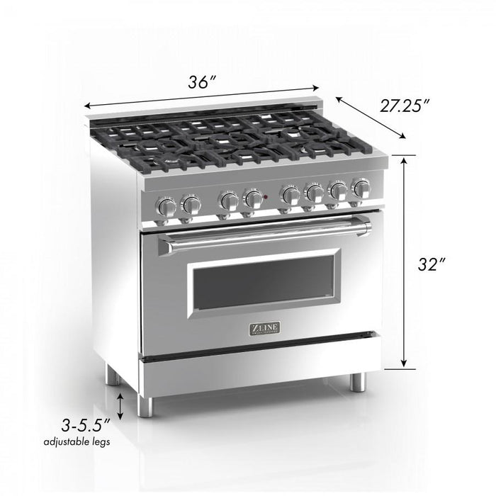 ZLINE 36" Professional Dual Fuel Range, Snow Stainless, White Matte Door, RAS-WM-36