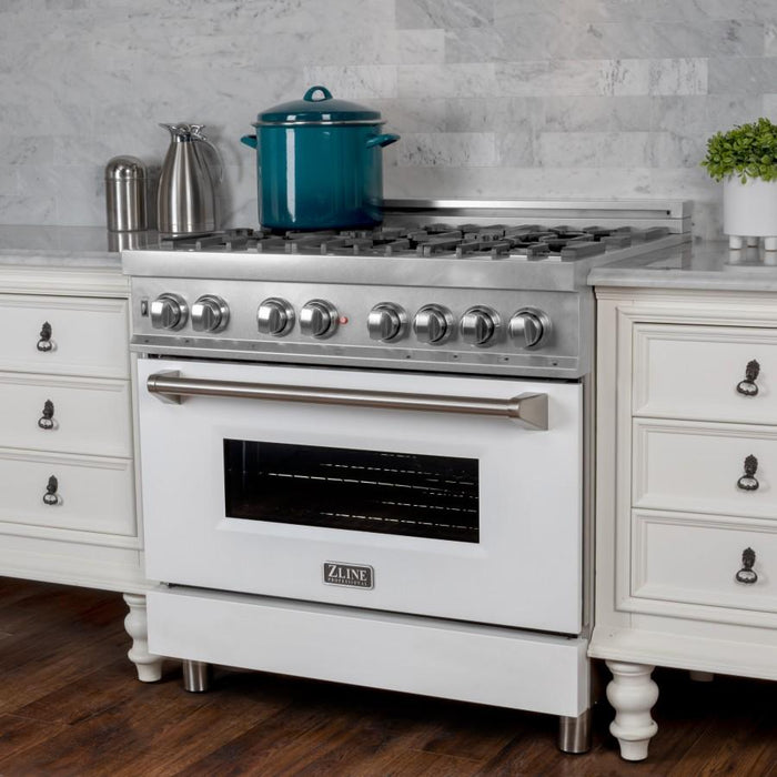 ZLINE 36" Professional Dual Fuel Range, Snow Stainless, White Matte Door, RAS-WM-36