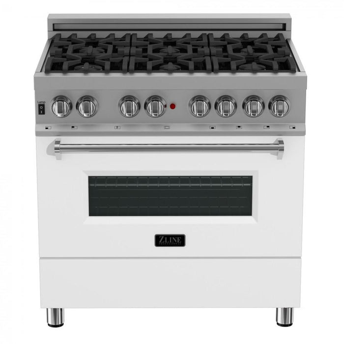 ZLINE 36" Professional Dual Fuel Range, Snow Stainless, White Matte Door, RAS-WM-36