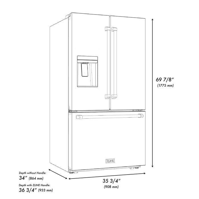 ZLINE 36" Refrigerator, Water, Ice Dispenser, Fingerprint Resistant, RSMZ-W-36-BS-G
