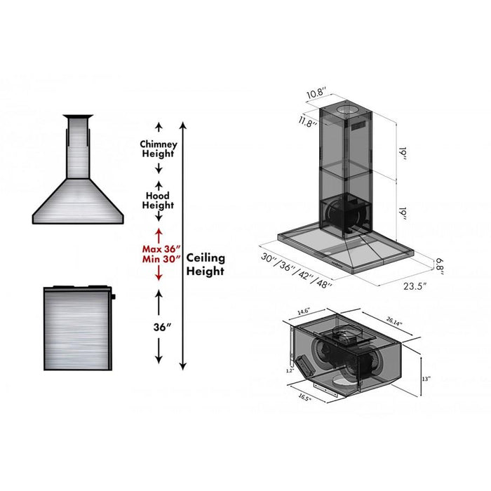 ZLINE 36" Remote Dual Blower Stainless Island Range Hood, GL2i-RD-36