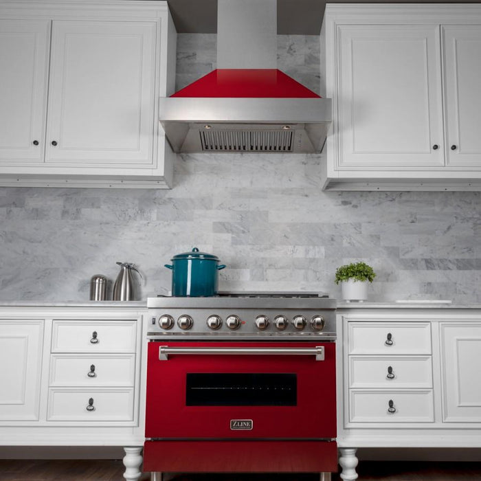 ZLINE 36" Snow Finish Wall Range Hood, Red Gloss Shell, 8654RG-36
