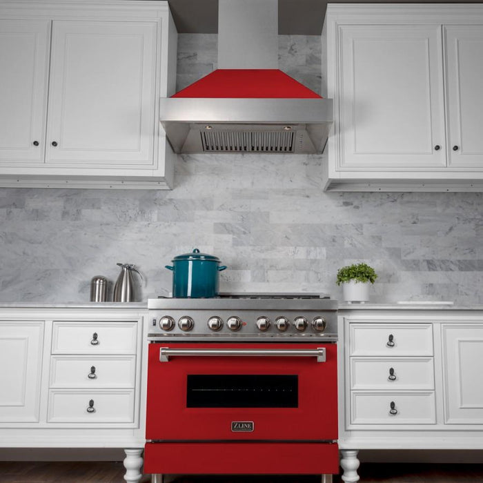 ZLINE 36" Snow Finish Wall Range Hood, Red Matte Shell, 8654RM-36