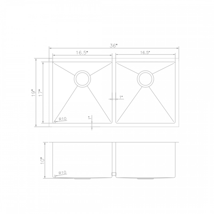 ZLINE 36" Undermount Double Bowl Sink in Stainless Steel, SR50D-36