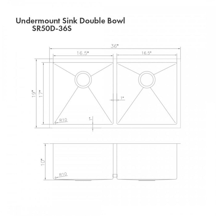 ZLINE 36" Undermount Double Bowl Sink Stainless Steel, SR50D-36S