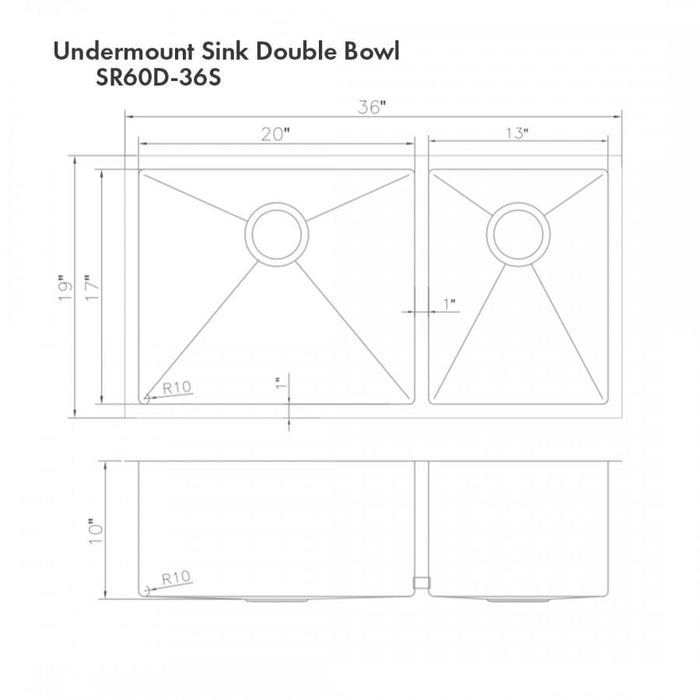 ZLINE 36" Undermount Double Bowl Sink Stainless Steel, SR60D-36S