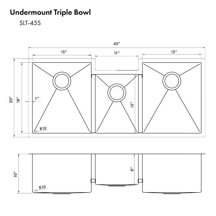 ZLINE 45" Undermount Triple Bowl Sink, DuraSnow Stainless, SLT-45S