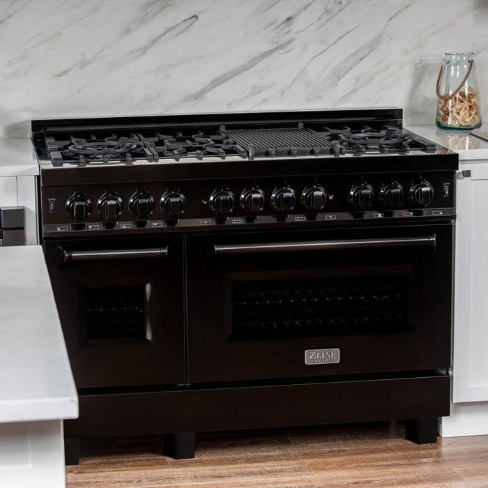 ZLINE 48" Black Stainless, Gas Burner, Electric Oven Range, RAB-48