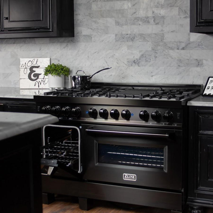 ZLINE 48" Black Stainless, Gas Burner, Electric Oven Range, RAB-48