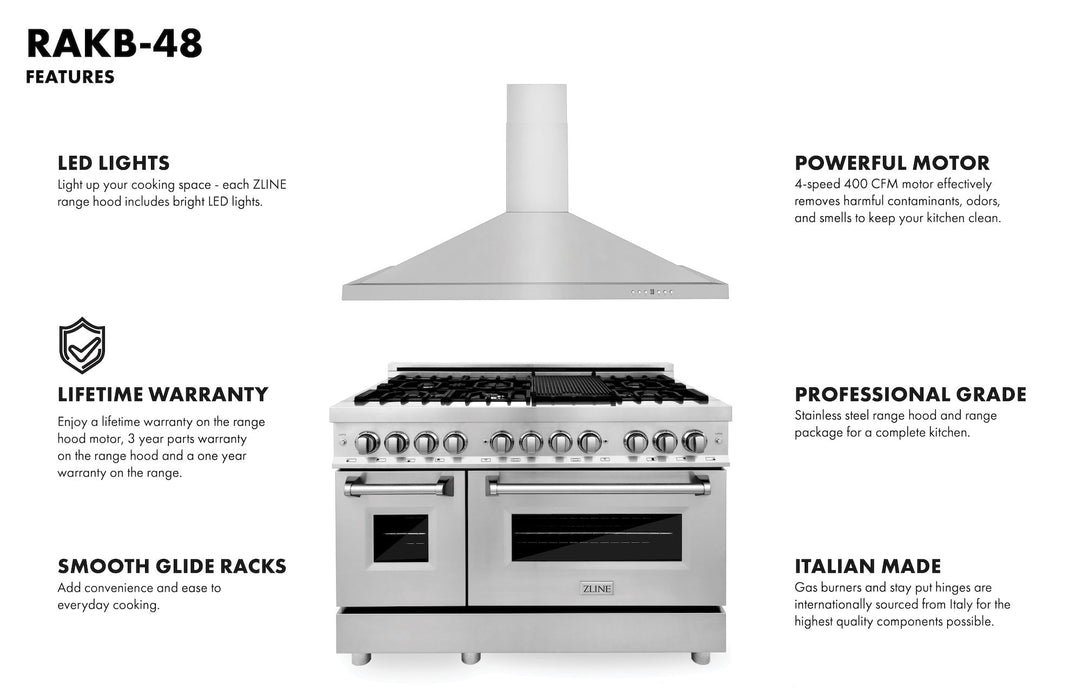 ZLINE 48" Bundle, Range RA48 & Wall Range Hood KB-48, 2KP-RARH48