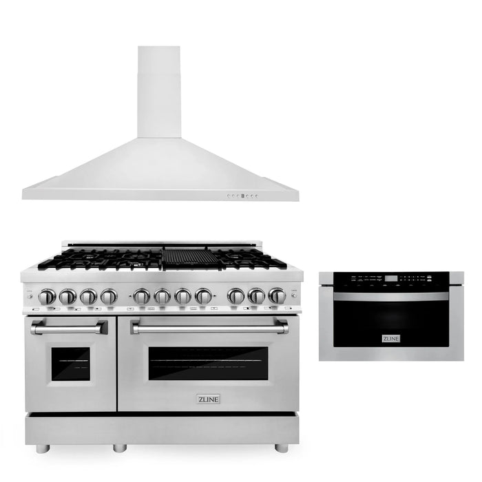 ZLINE 48" Bundled Stainless Dual Range, Range Hood, Microwave, 3KP-RARH48-MW