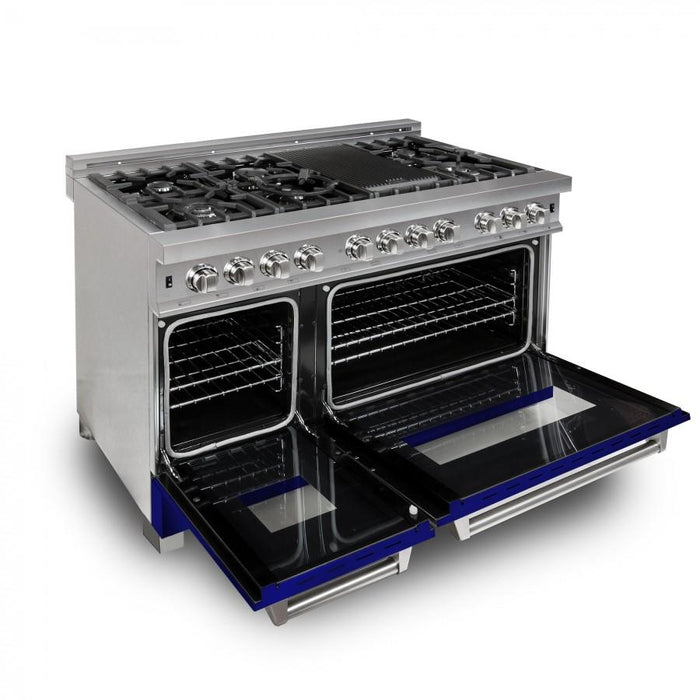 ZLINE 48" Dual Fuel Range in Snow Stainless, Blue Gloss Door, RAS-BG-48