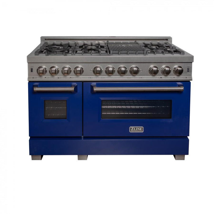 ZLINE 48" Dual Fuel Range in Snow Stainless, Blue Gloss Door, RAS-BG-48