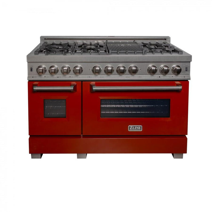 ZLINE 48" Dual Fuel Range in Snow Stainless, Red Gloss Door, RAS-RG-48