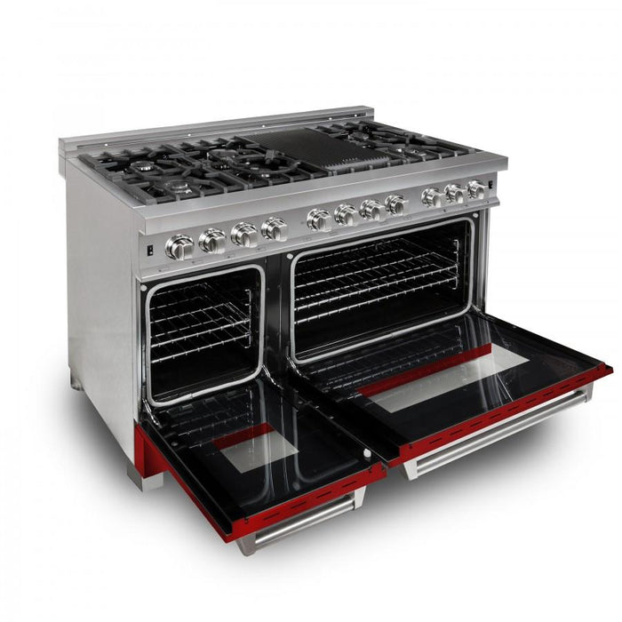 ZLINE 48" Dual Fuel Range in Snow Stainless, Red Gloss Door, RAS-RG-48