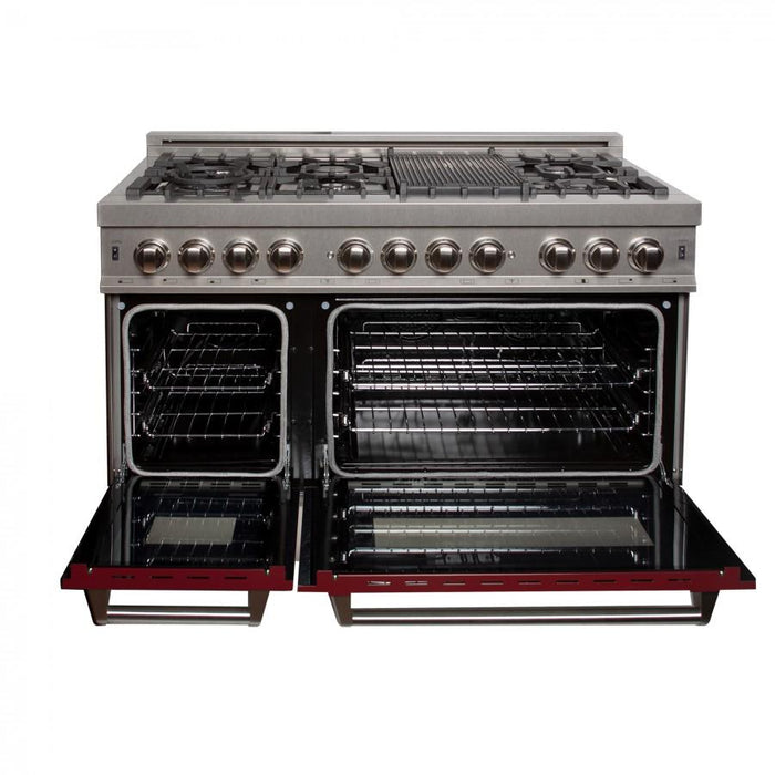 ZLINE 48" Dual Fuel Range in Snow Stainless, Red Gloss Door, RAS-RG-48