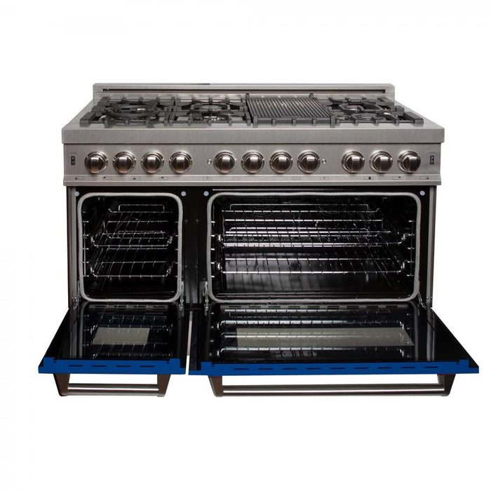 ZLINE 48" Dual Fuel Range Snow Stainless, Blue Matte Door, RAS-BM-48