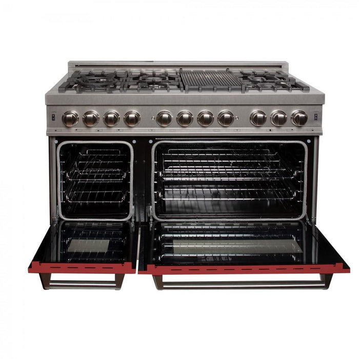 ZLINE 48" Dual Fuel Range Snow Stainless, Red Matte Door, RAS-RM-48