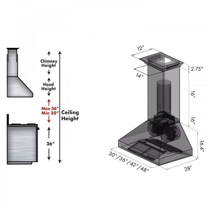 ZLINE 48" Professional Wall Range Hood, Built-in CrownSound® Bluetooth Speakers, 697CRN-BT-48