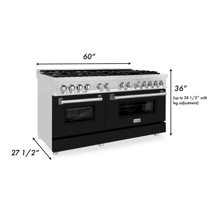 ZLINE 60" 7.4 cu. ft. Dual Fuel Range, Gas Stove and Electric Oven in Stainless Steel and Black Matte Door, RA-BLM-60