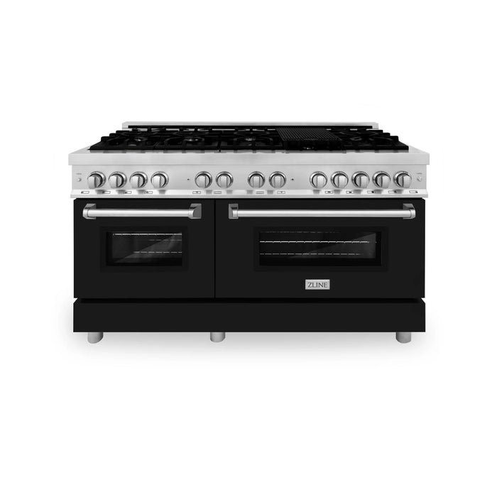 ZLINE 60" 7.4 cu. ft. Dual Fuel Range, Gas Stove and Electric Oven in Stainless Steel and Black Matte Door, RA-BLM-60