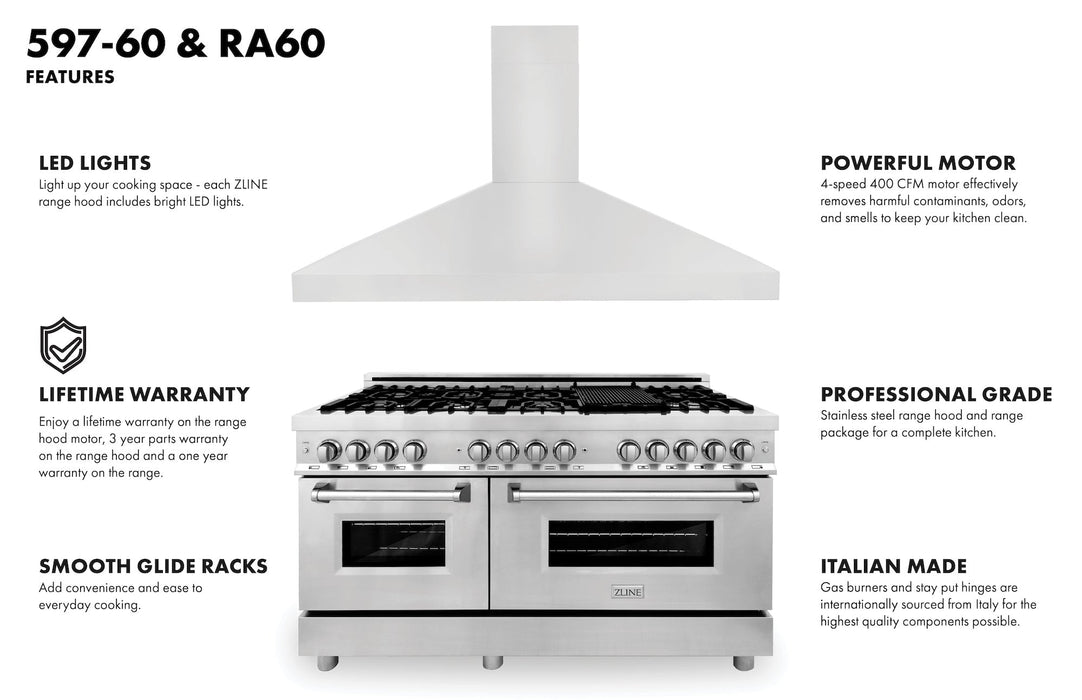 ZLINE 60" Bundle, Range RA60 & Wall Range Hood 597-60, 2KP-RARH60