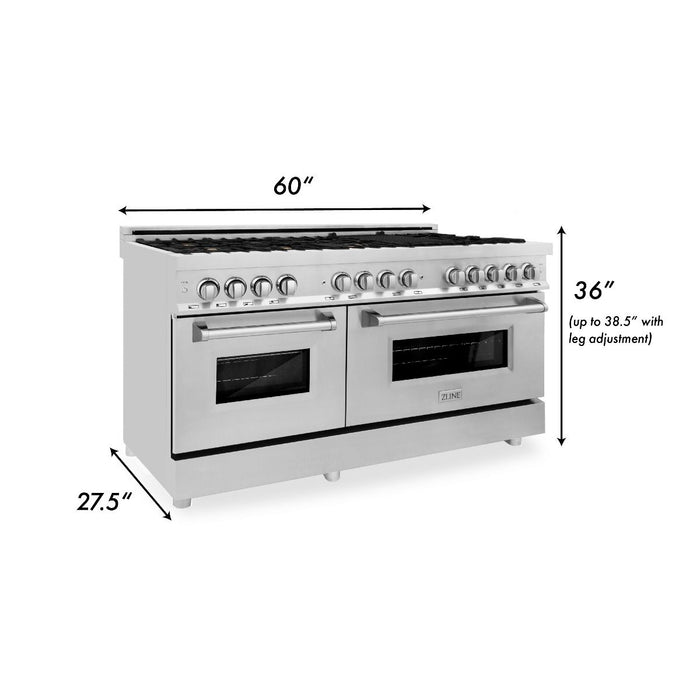 ZLINE 60" Dual Fuel Range In Stainless Steel, Brass Burners, RA-BR-60