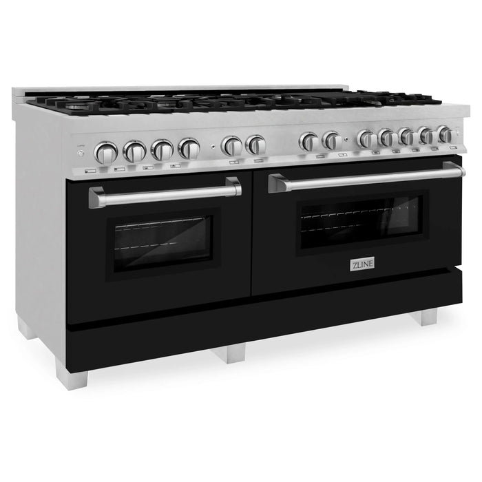 ZLINE 60" Dual Fuel Range Snow Stainless, Black Matte Door, RAS-BLM-60
