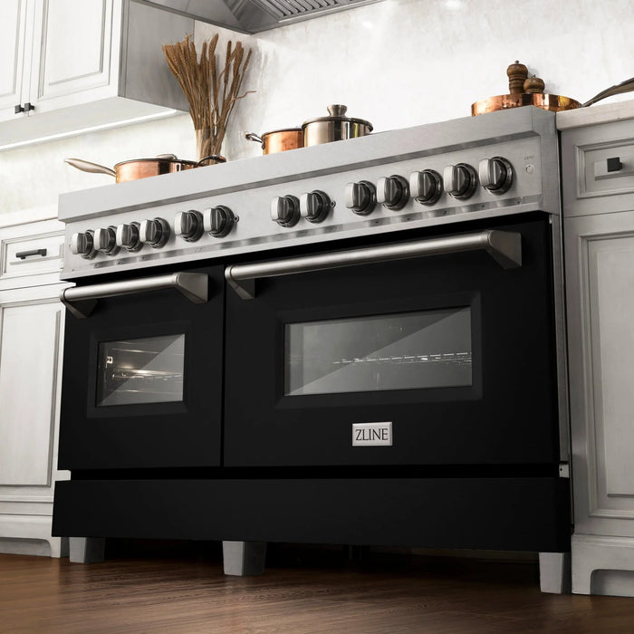 ZLINE 60" Dual Fuel Range Snow Stainless, Black Matte Door, RAS-BLM-60