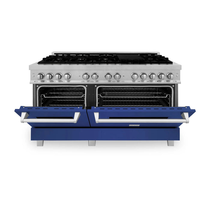 ZLINE 60" Dual Fuel Range Snow Stainless, Blue Matte Door, RAS-BM-60
