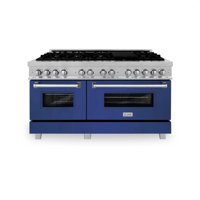 ZLINE 60" Dual Fuel Range Snow Stainless, Blue Matte Door, RAS-BM-60